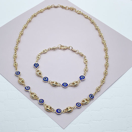 18k Gold Layered Mariner Link Mixed Blue Eye Bracelet And Necklace