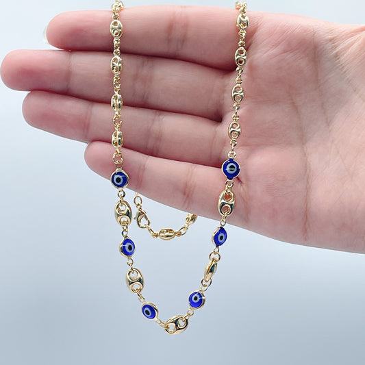 18k Gold Layered Mariner Link Mixed Blue Eye Bracelet And Necklace