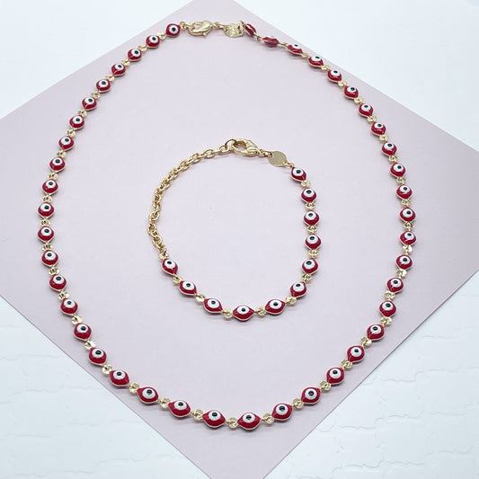 18k Gold Layered Red Color Evil Eye Bracelet And Necklace