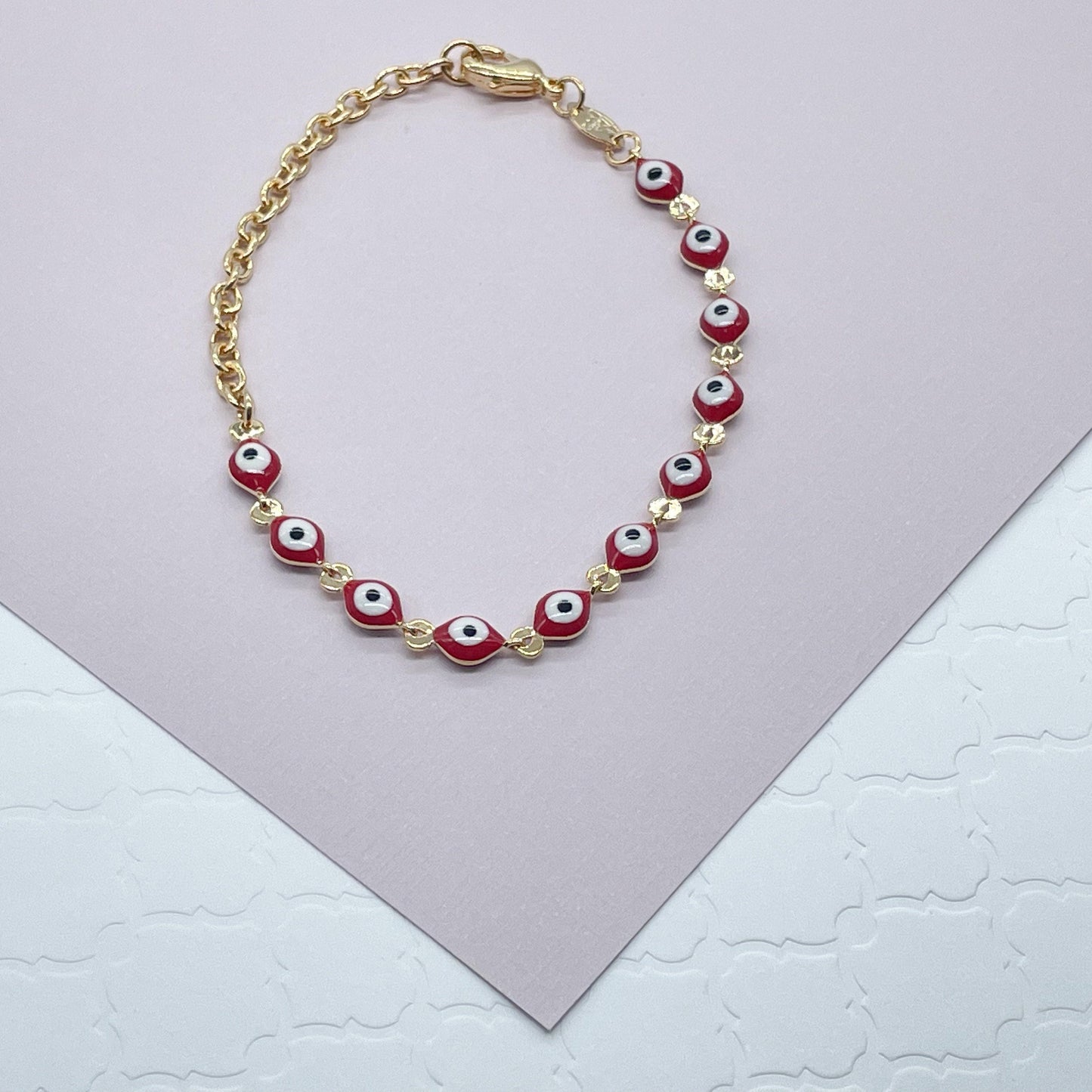 18k Gold Layered Red Color Evil Eye Bracelet And Necklace