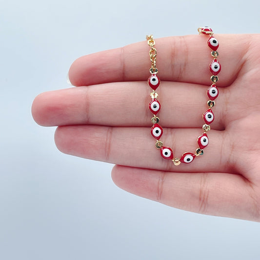 18k Gold Layered Red Color Evil Eye Bracelet And Necklace
