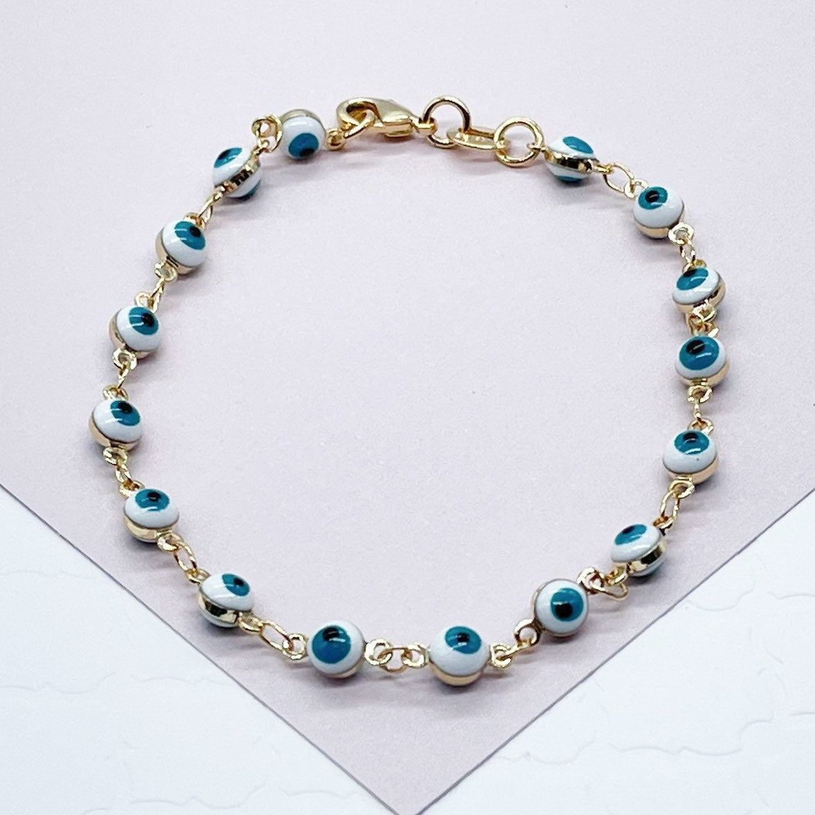 18k Gold Layered 16 Small Blue Evil Eye Connected Bracelet Hypoallergenic