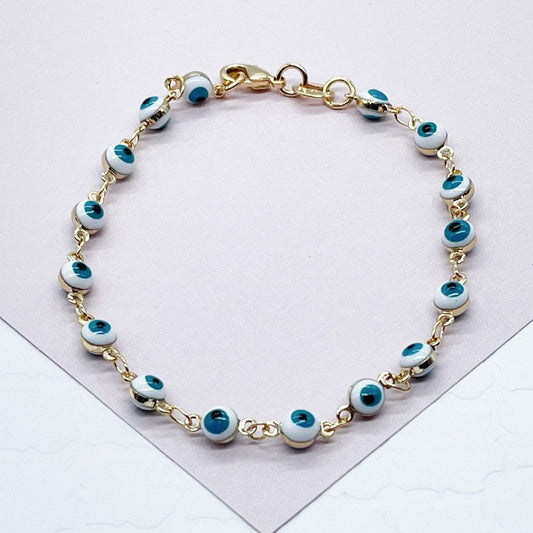 18k Gold Layered 16 Small Blue Evil Eye Connected Bracelet Hypoallergenic