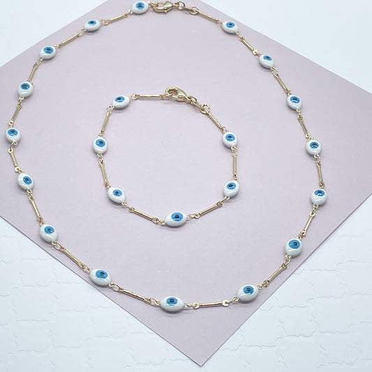 18k Gold Layered Baby Blue Evil Eye Bracelet Necklace Set
