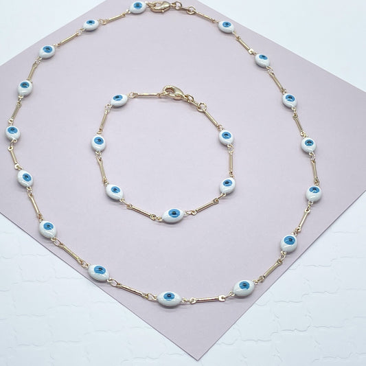 18k Gold Filled Baby Blue Evil Eye Bracelet Necklace Set