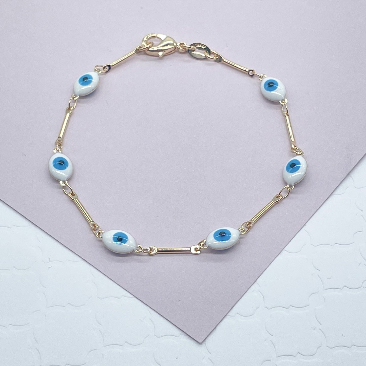 18k Gold Layered Baby Blue Evil Eye Bracelet Necklace Set