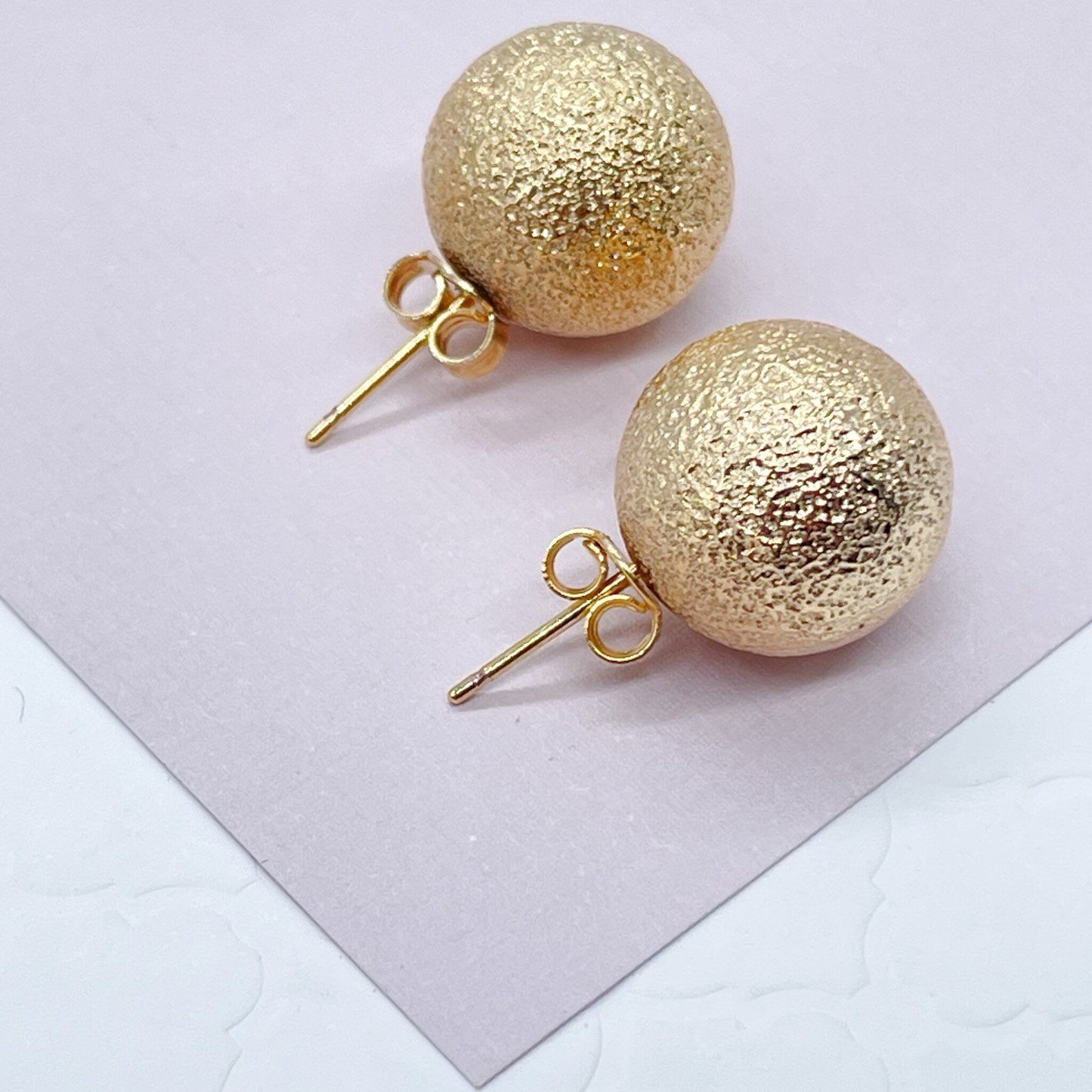 18k Gold Layered Matte Ball Stud Earrings, Grooved Surface Ball Stud Earrings,