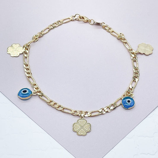 18k Gold Layered Evil Eyes And Lucky Clover Leaves Anklet In A Figaro Chain