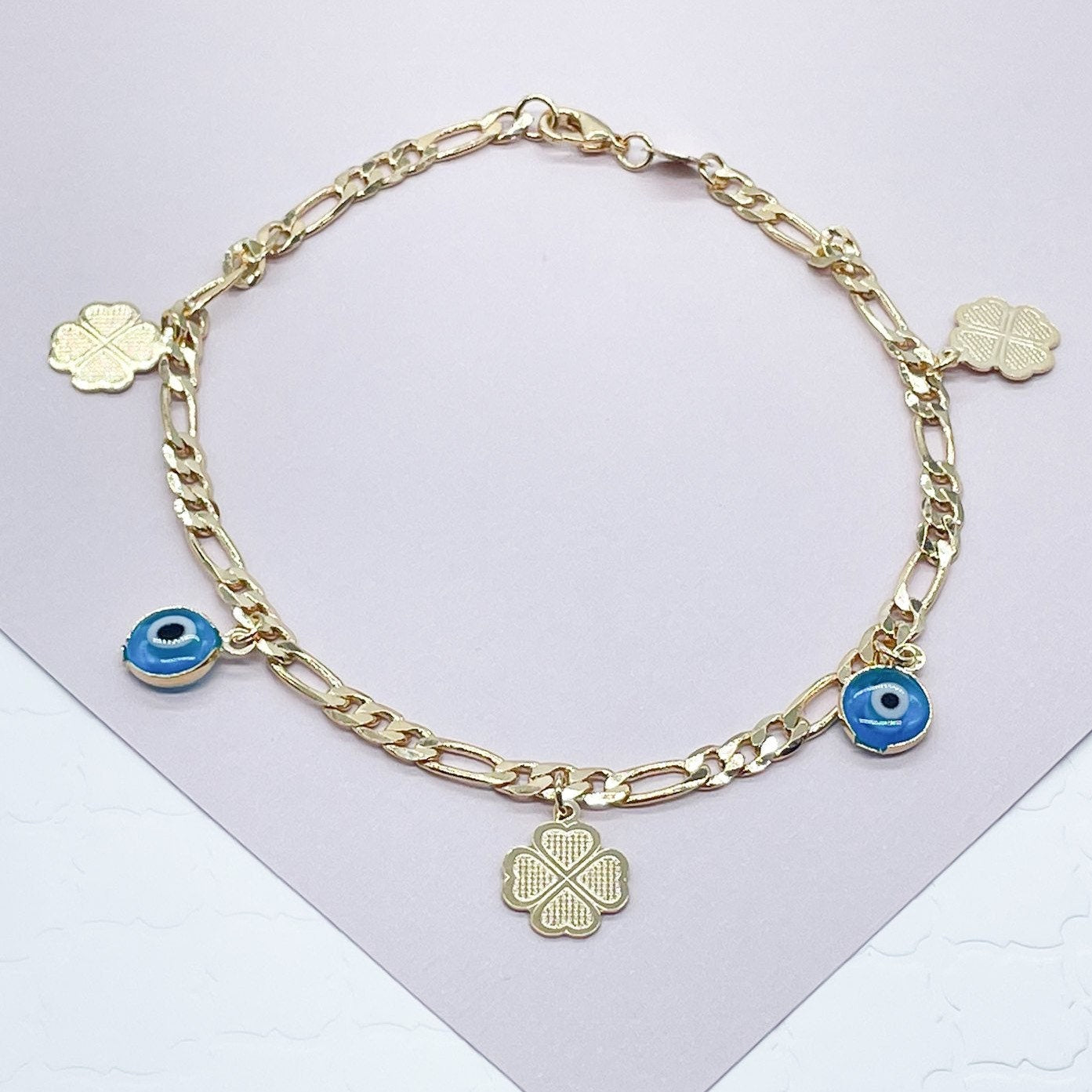 18k Gold Filled Evil Eyes And Lucky Clover Leaves Anklet In A Figaro Chain