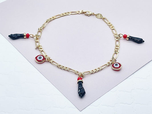 18k Gold Layered Red Evil Eye & Black "Figa" Protection Anklet in a Figaro Chain
