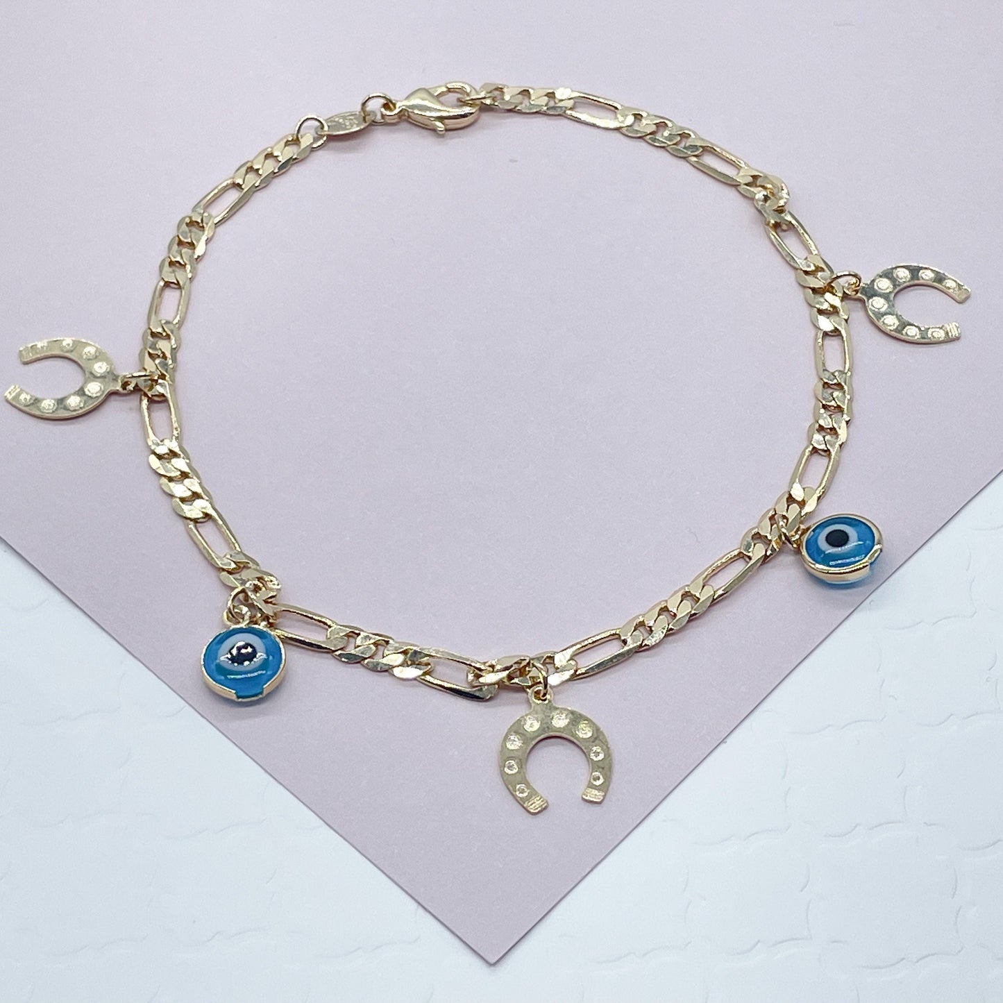 18k Gold Layered Evil Eye & Horse Shoe Anklet Hypoallergenic Jewelry Wholesale