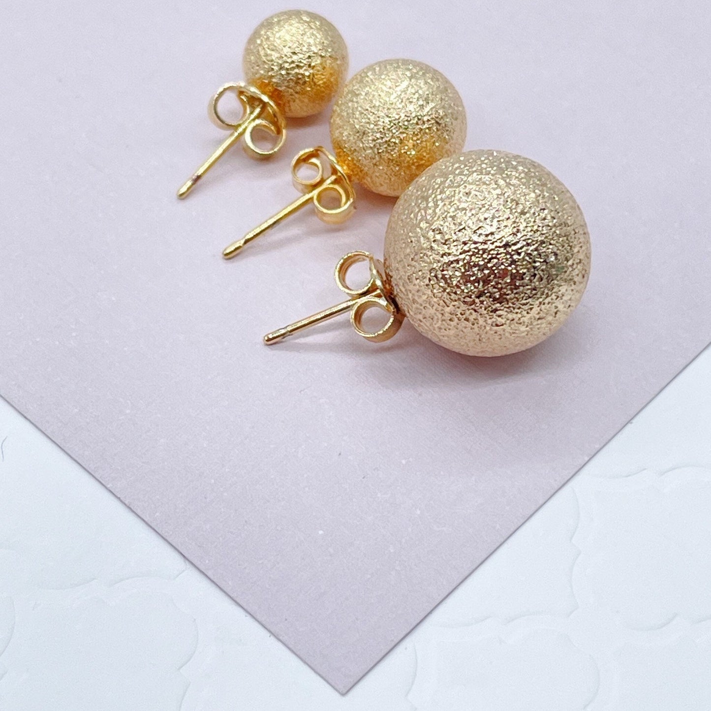 18k Gold Layered Matte Ball Stud Earrings, Grooved Surface Ball Stud Earrings,
