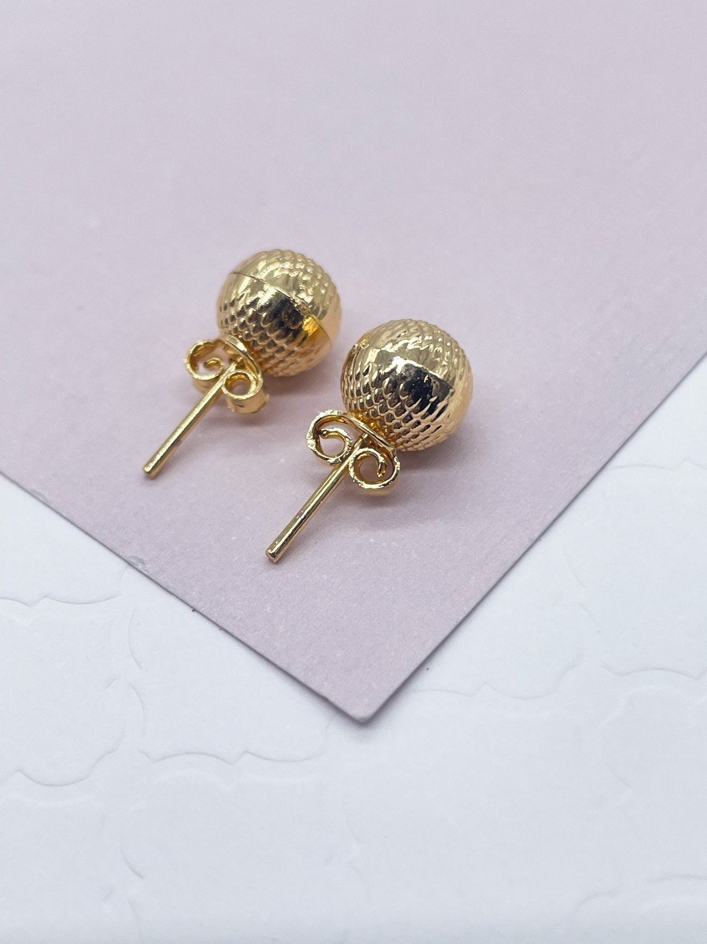 18k Gold Layered Diamond-Cut Cross Pattern Ball Stud Earrings Available Sizes