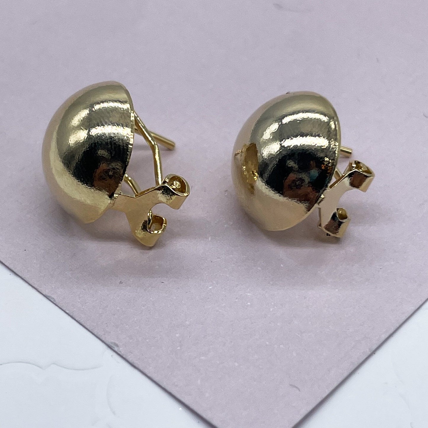 18k Gold Layered Concave Round Stud Earrings With Safe Post And Clip, Half Ball