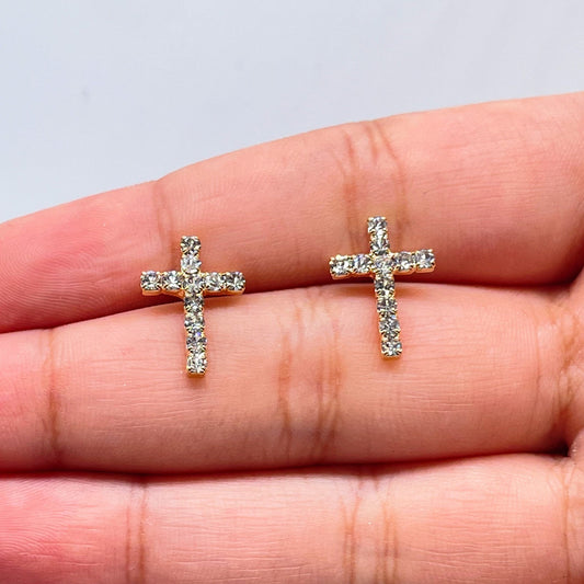 18k Gold Layered Cubic Zirconia Cross Stud Earrings