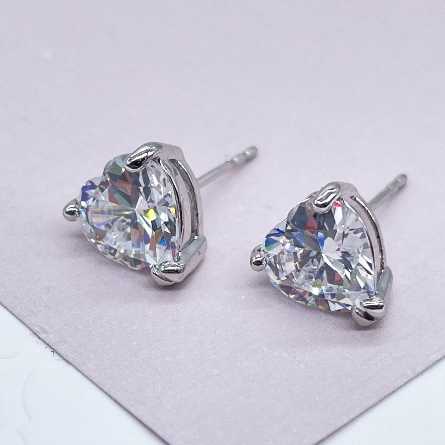 18k Silver Layered 9mm Heart Shape Cubic Zirconia Stud Earrings For Wholesale