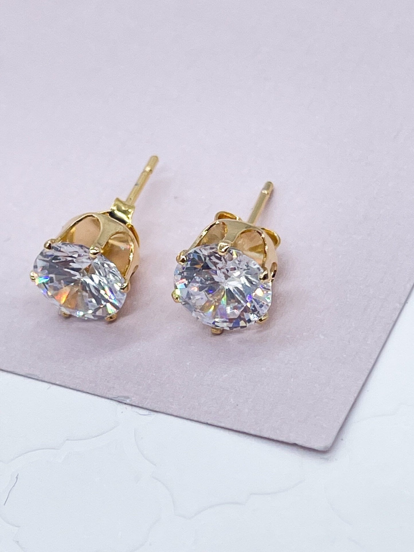 18k Gold Layered 8mm Cubic Zirconia Round Stud Earrings Crown Settings