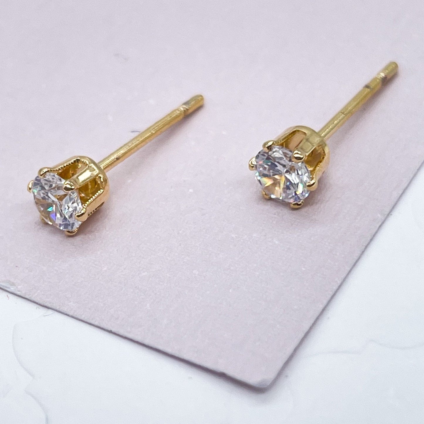 18k Gold Layered 4mm Cubic Zirconia Round Stud Earrings
