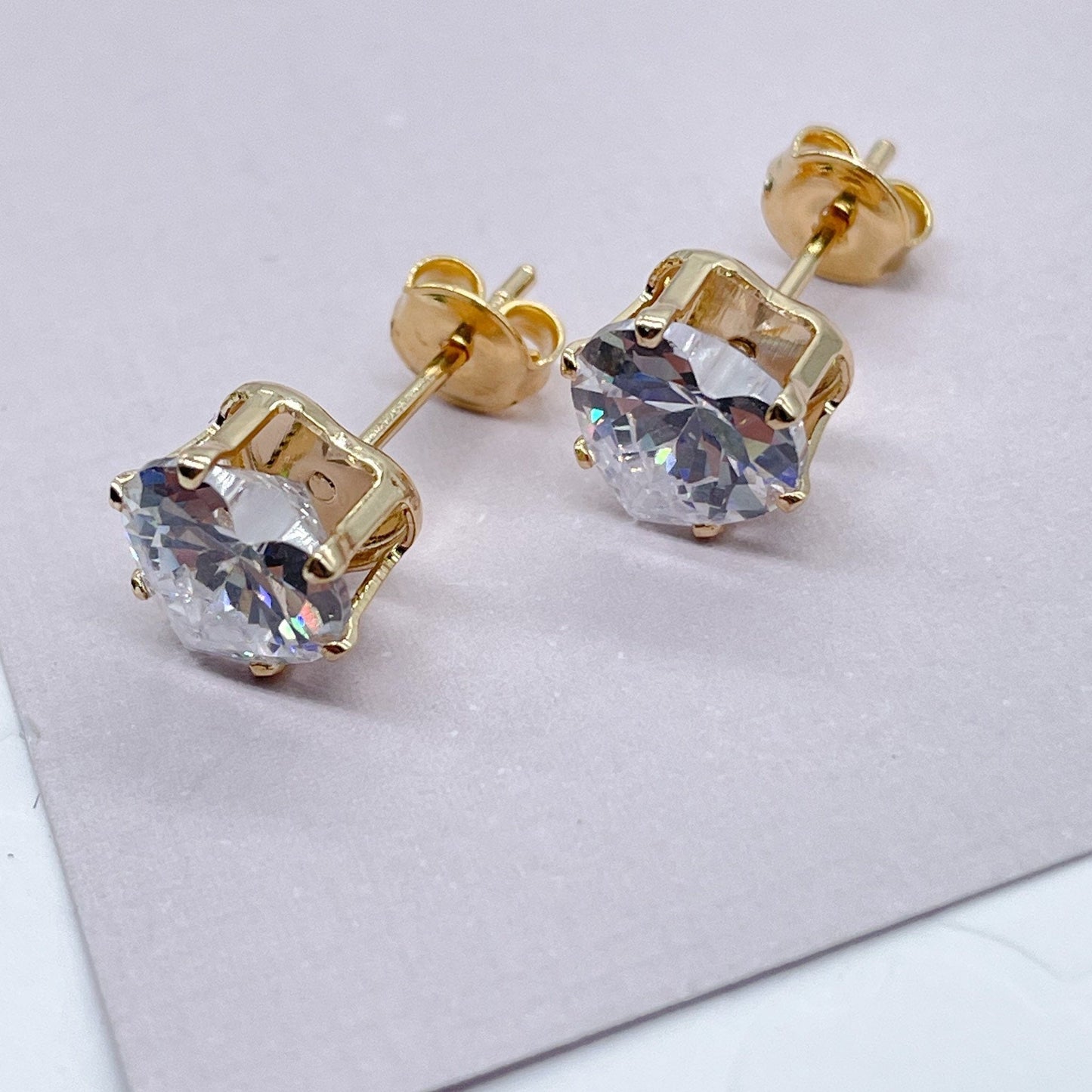 18k Gold Layered 8mm Cubic Zirconia Heart Stud Earrings