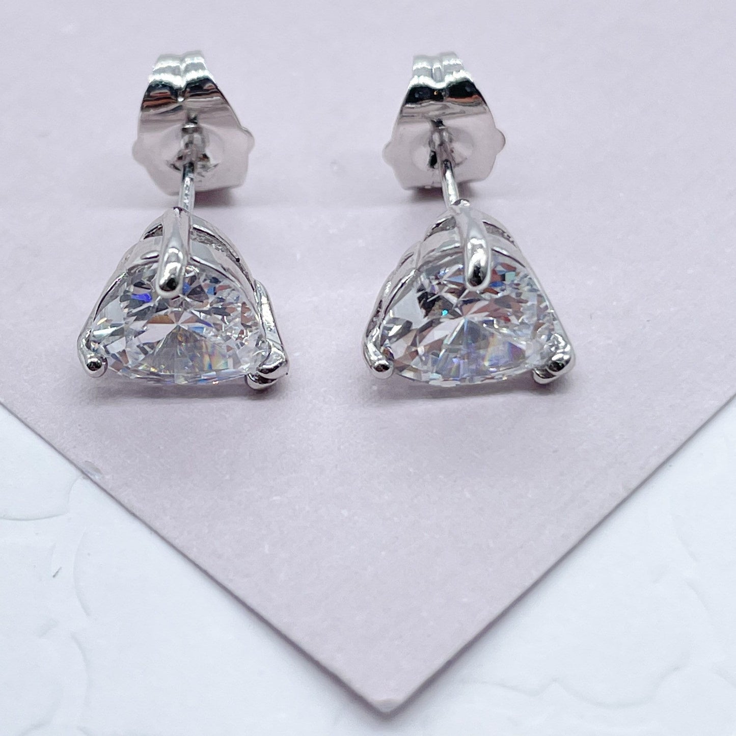 18k Silver Layered 9mm Heart Shape Cubic Zirconia Stud Earrings For Wholesale