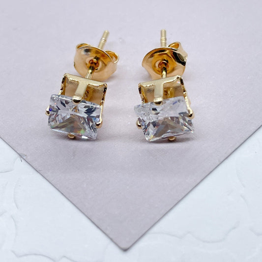 18k Gold Layered 6mm Cubic Zirconia Square Stud Earrings, Princess Cut Square