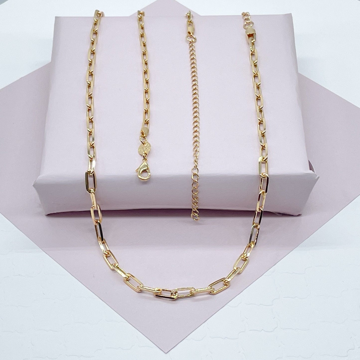 18k Gold Layered Paper Clip Chain 3mm Drawn Cable Chain Necklace For Wholesale
