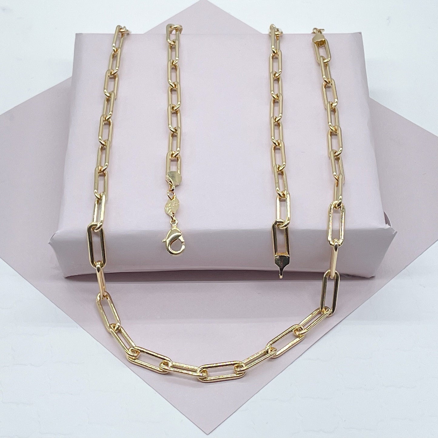 18k Gold Layered Paper Clip Chain 5mm Link Chain Necklace, Drawn Cable Link