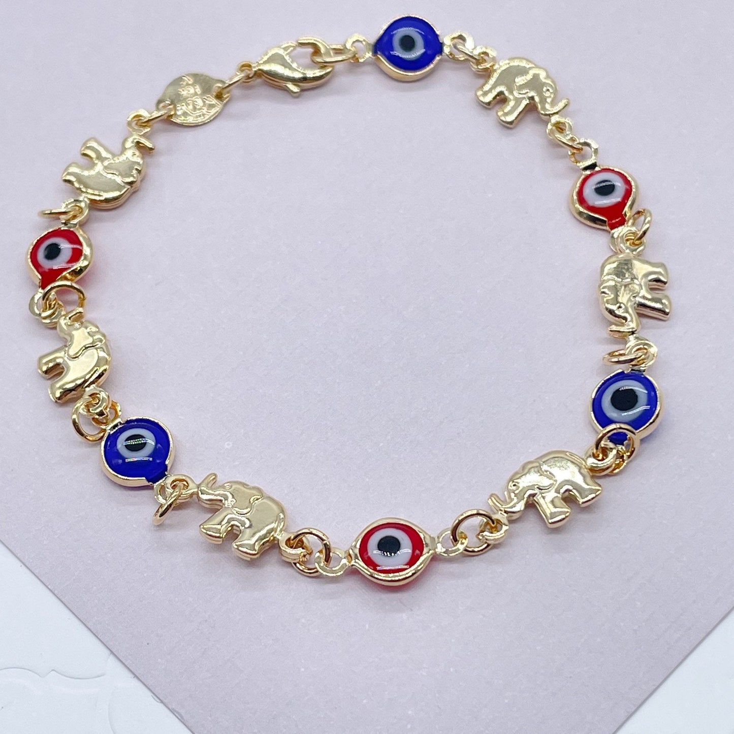 18k Gold Layered Elephant and Evil Eye Bracelet Featuring Red And Blue Evil