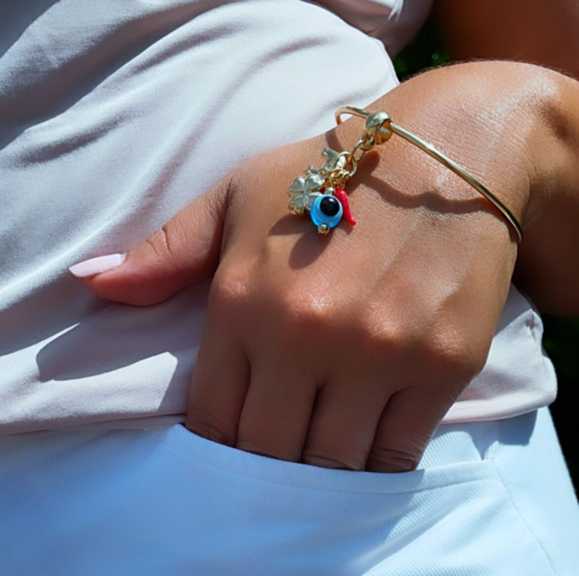 18k Gold Layered Bangle with Good Luck Charms, Evil Eye, Elephant, Clove Leaf &