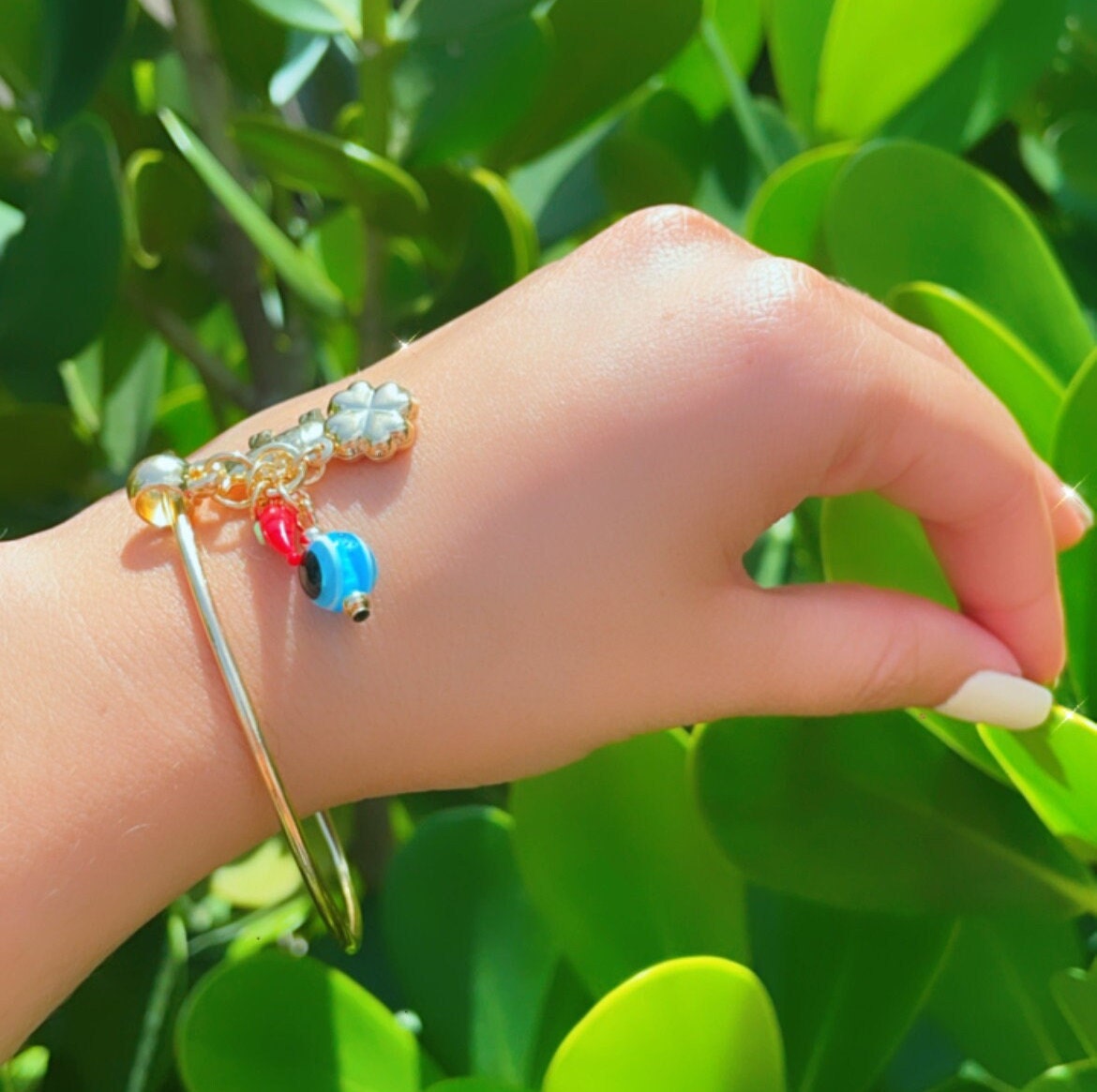 18k Gold Layered Bangle with Good Luck Charms, Evil Eye, Elephant, Clove Leaf &
