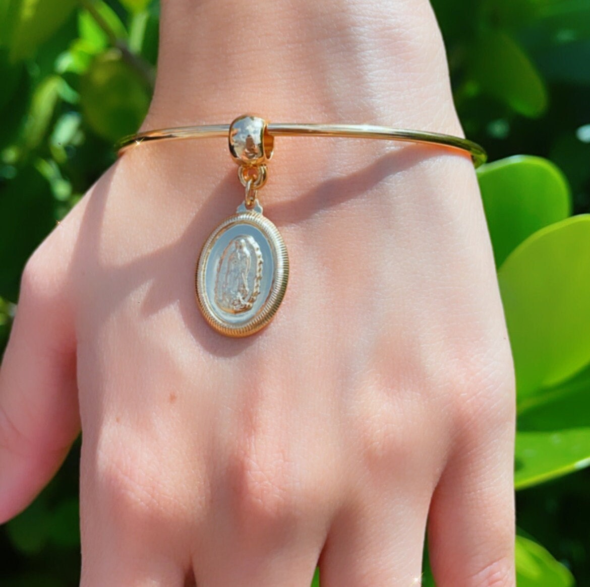 18k Gold Layered Bangle Featuring Lady Of Guadalupe Charm Wholesale Pendant
