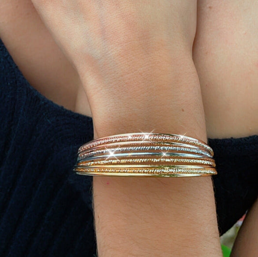 18k Gold Layered Tri-Color Bangle with 9 Sparkly Bracelets in One