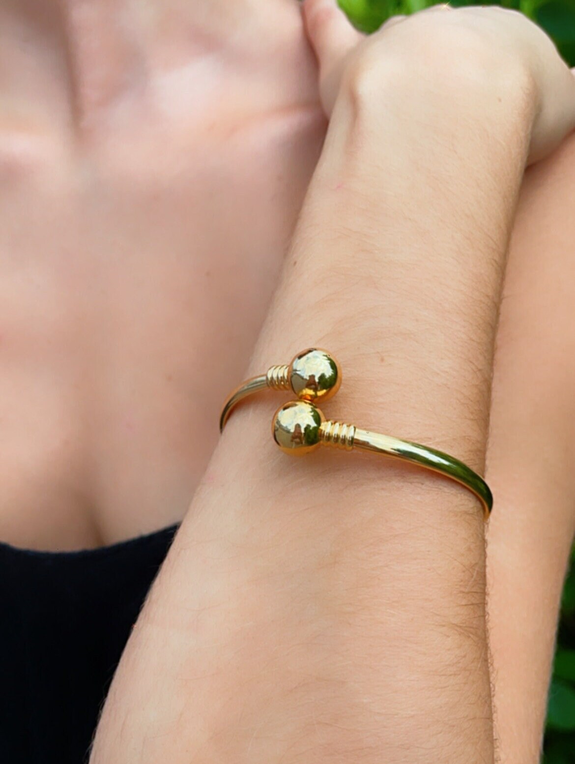 18k Gold Layered Plain Cuff Bangle Featuring Two Solid Gold Layered Ball Wholesale