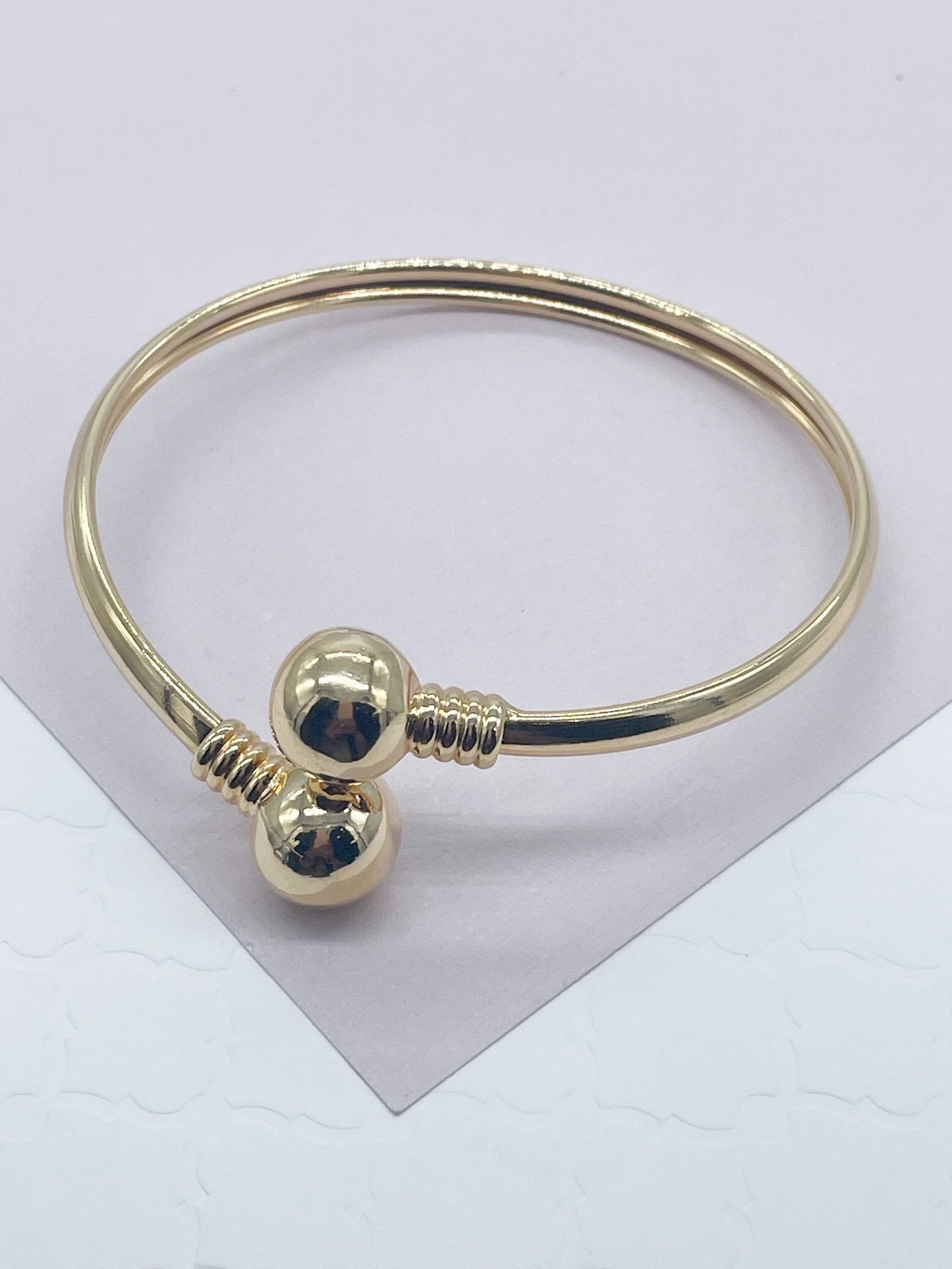 18k Gold Layered Plain Cuff Bangle Featuring Two Solid Gold Layered Ball Wholesale