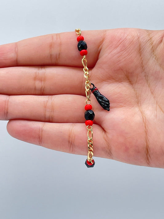 18k Gold Layered Luck Protection Black "Figa" Hand, Azabache Stone Bracelet, Mano