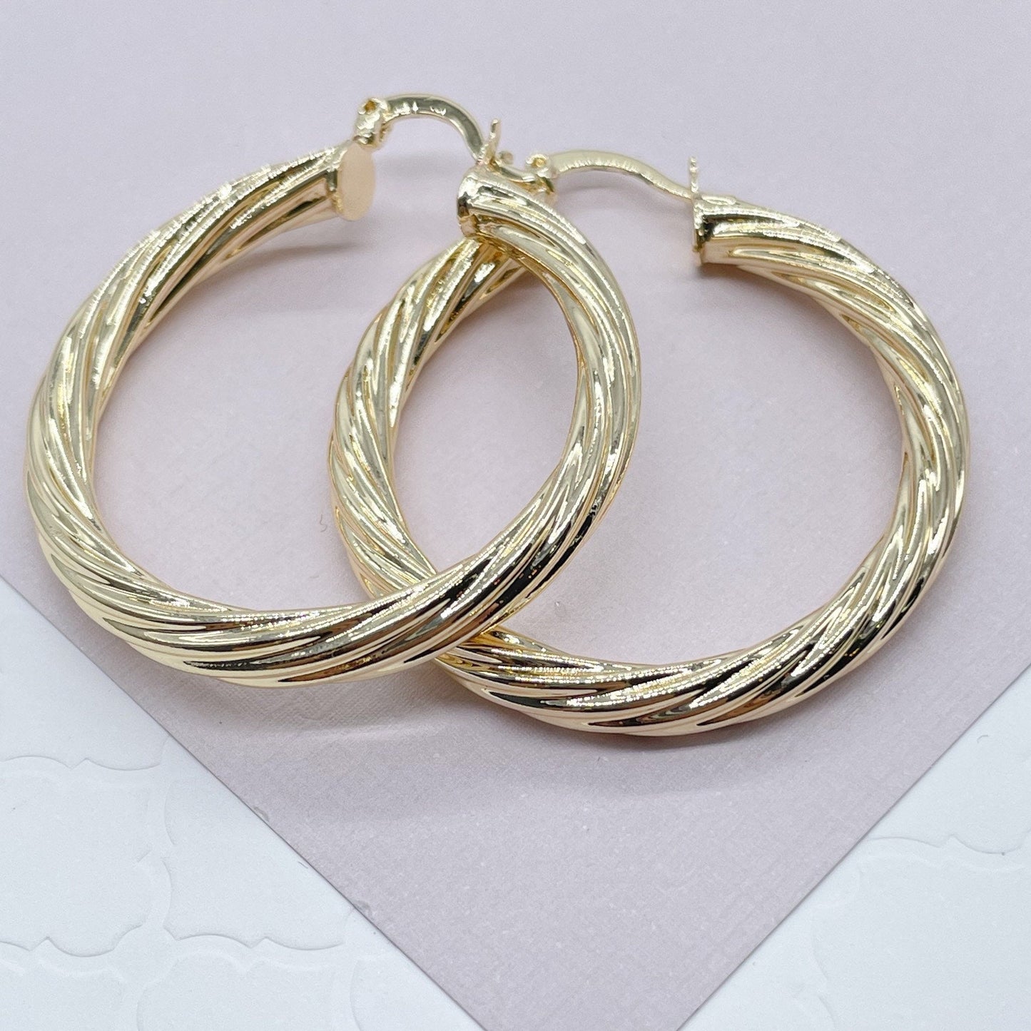 18k Gold Layered Hollow Italian Twist 5mm Thick Hoop Earrings, Gold Shiny Twisted