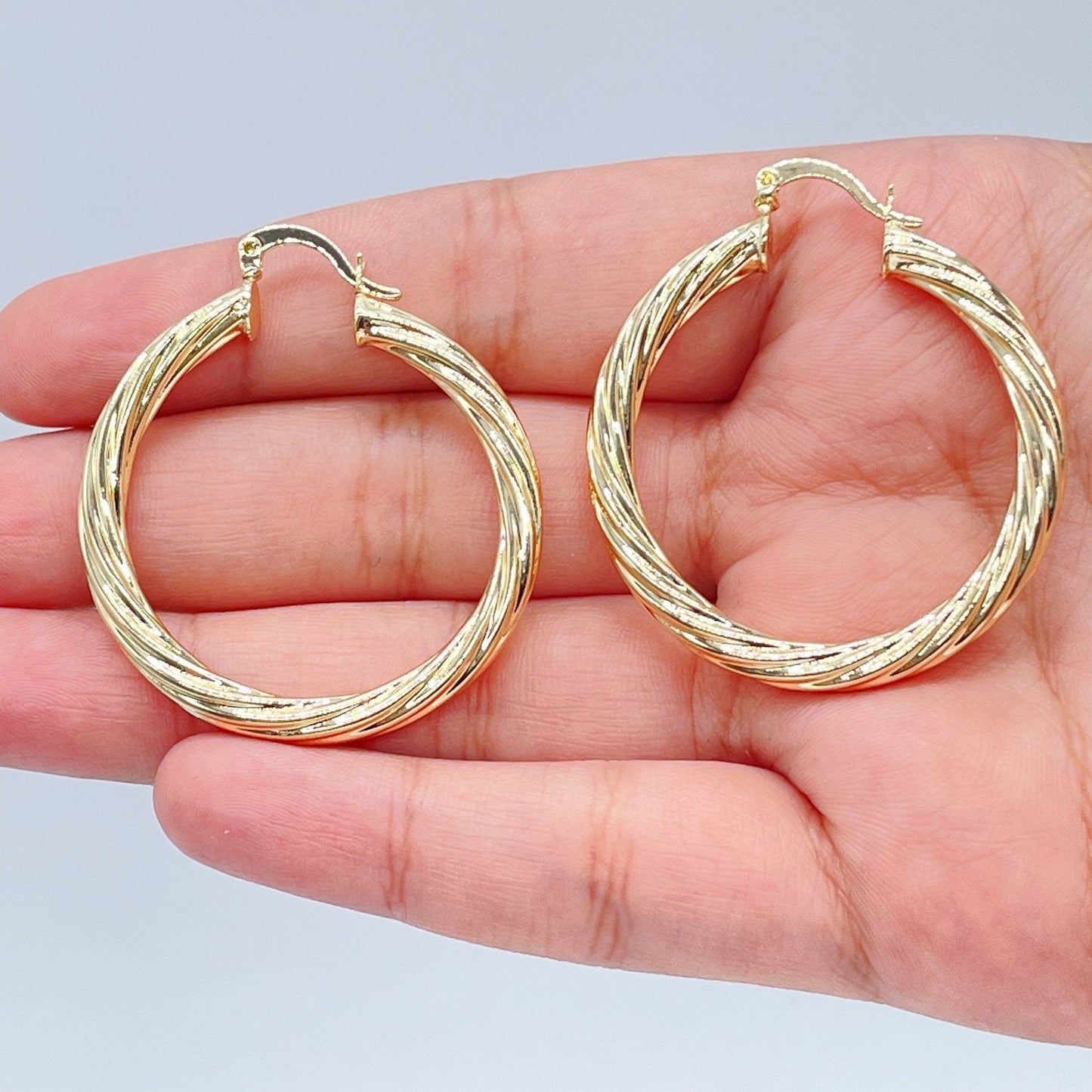 18k Gold Layered Hollow Italian Twist 5mm Thick Hoop Earrings, Gold Shiny Twisted