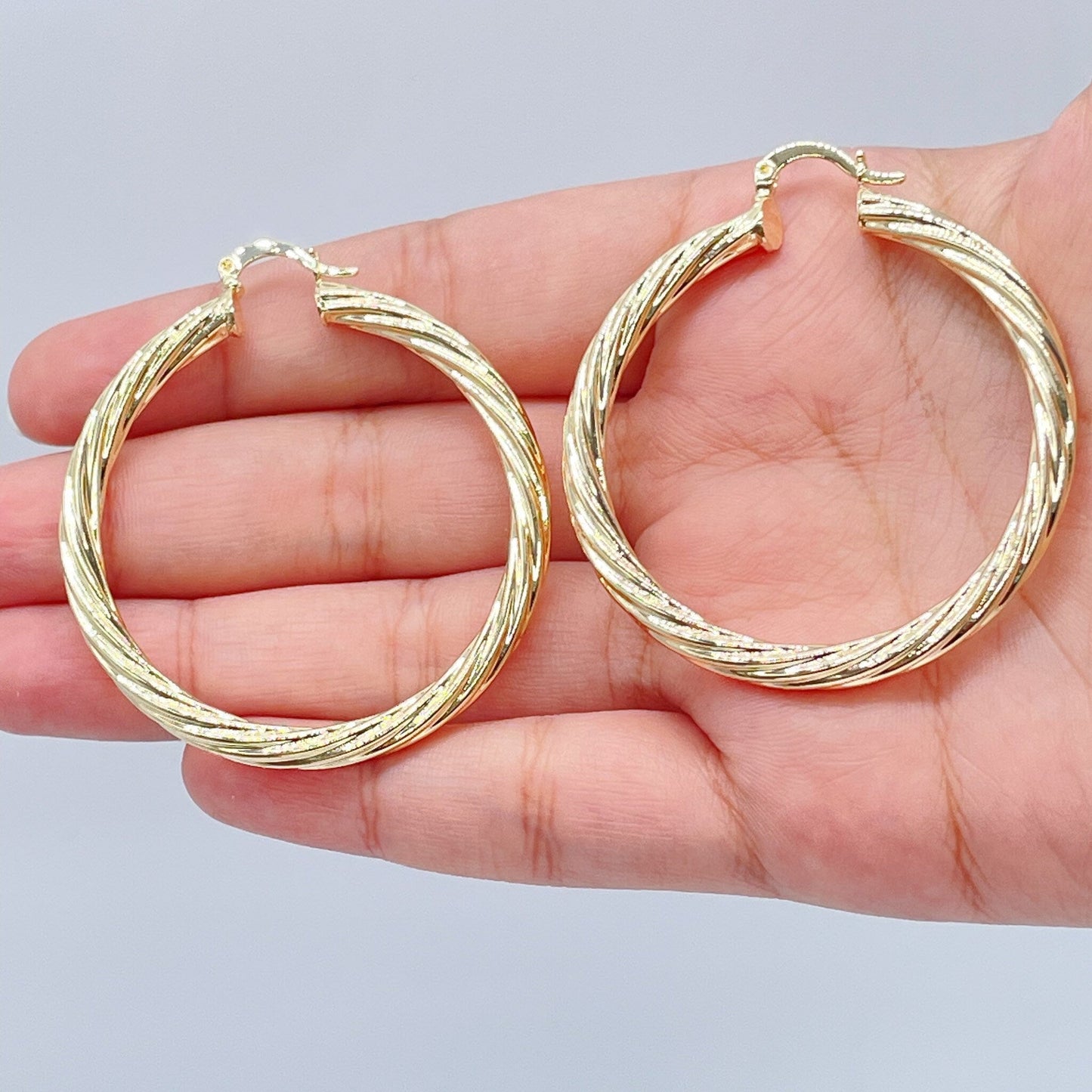 18k Gold Layered Hollow Italian Twist 5mm Thick Hoop Earrings, Gold Shiny Twisted