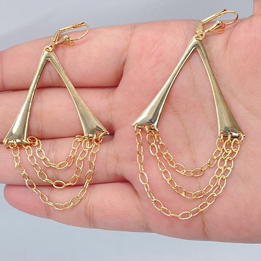 18k Gold Layered Triangle Wishbone Shape Dangling Earrings Featuring Connected