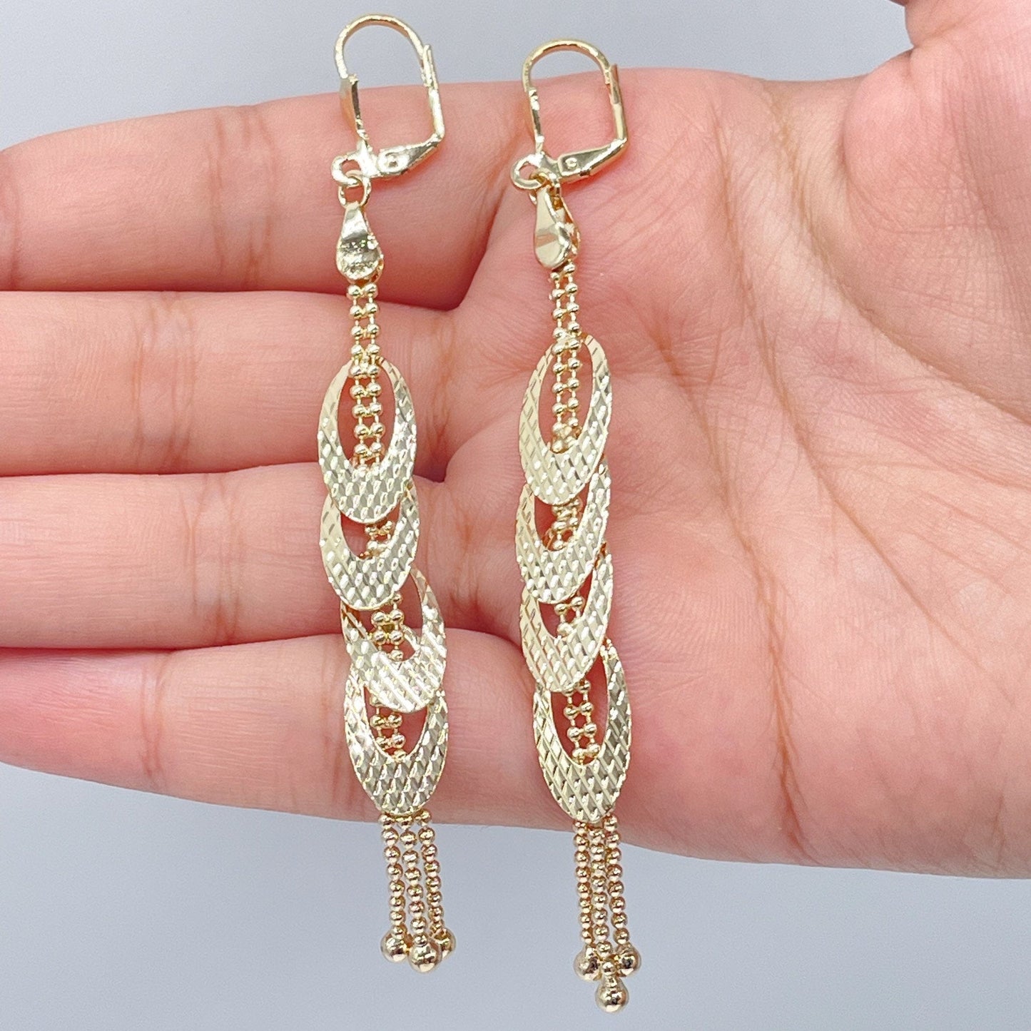 Long 18k Gold Layered Oval or Heart Shape Dangling Earrings Featuring Ball Tips