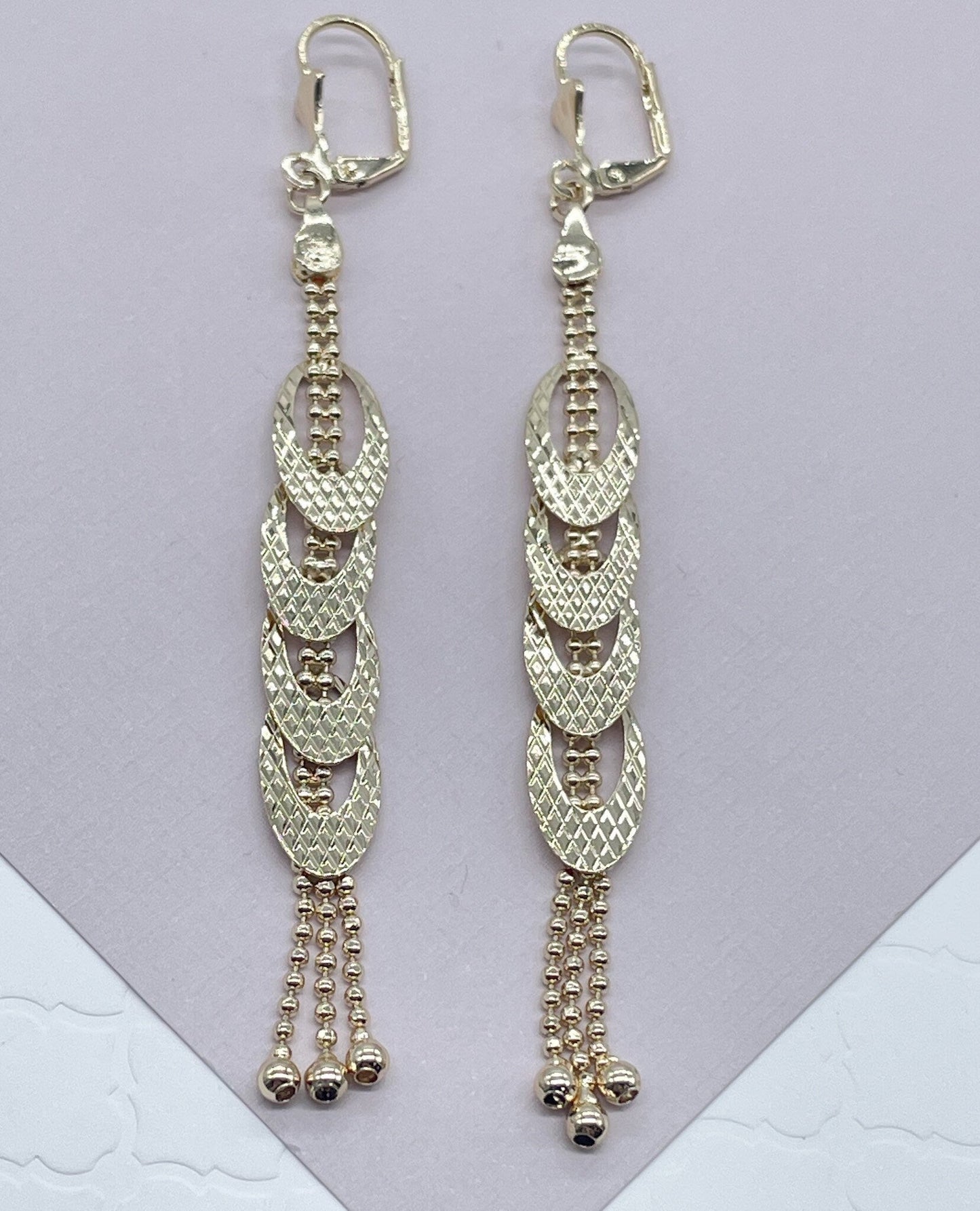 Long 18k Gold Layered Oval or Heart Shape Dangling Earrings Featuring Ball Tips