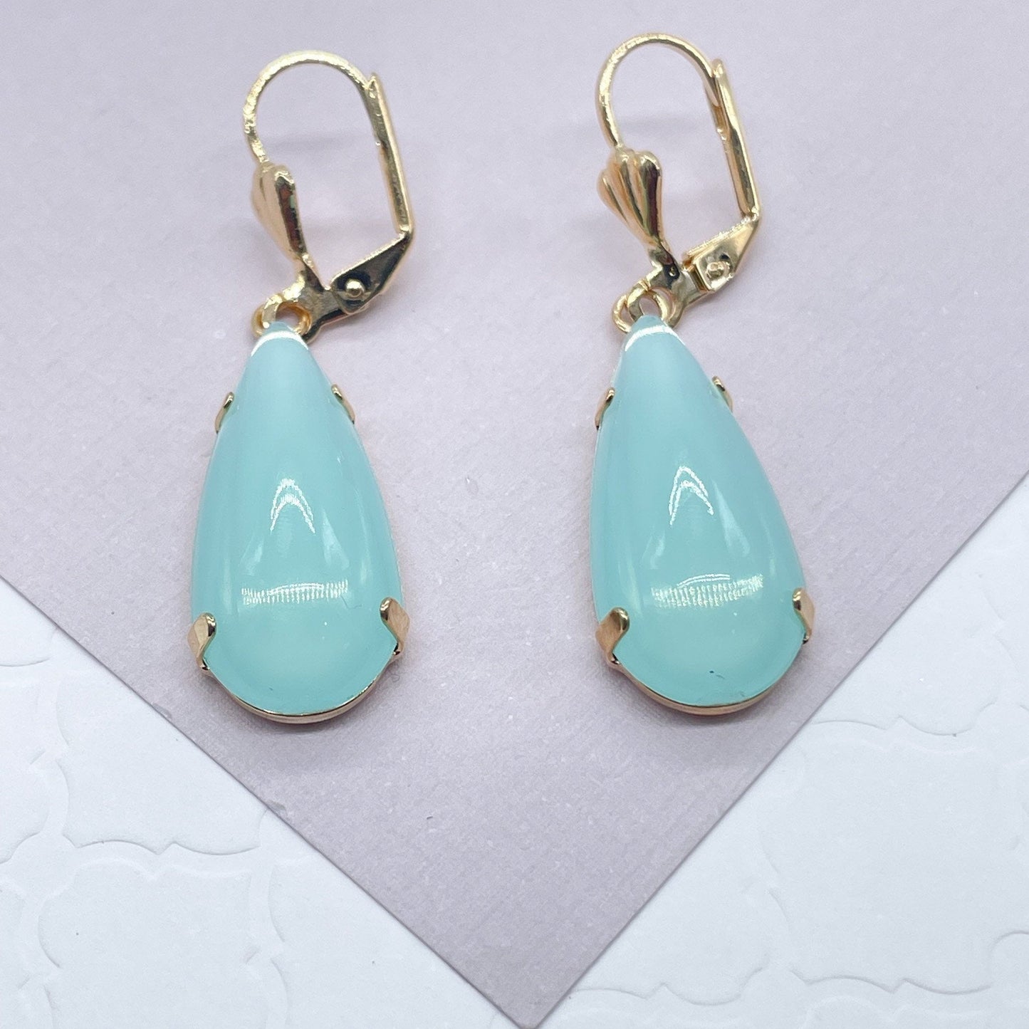 18k Gold Layered Simulated Aqua Blue Drop Earrings, Tear Shape Drop Earrings,