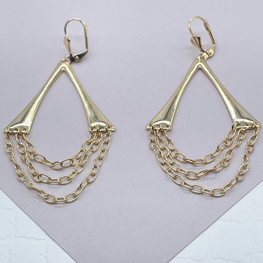 18k Gold Layered Triangle Wishbone Shape Dangling Earrings Featuring Connected