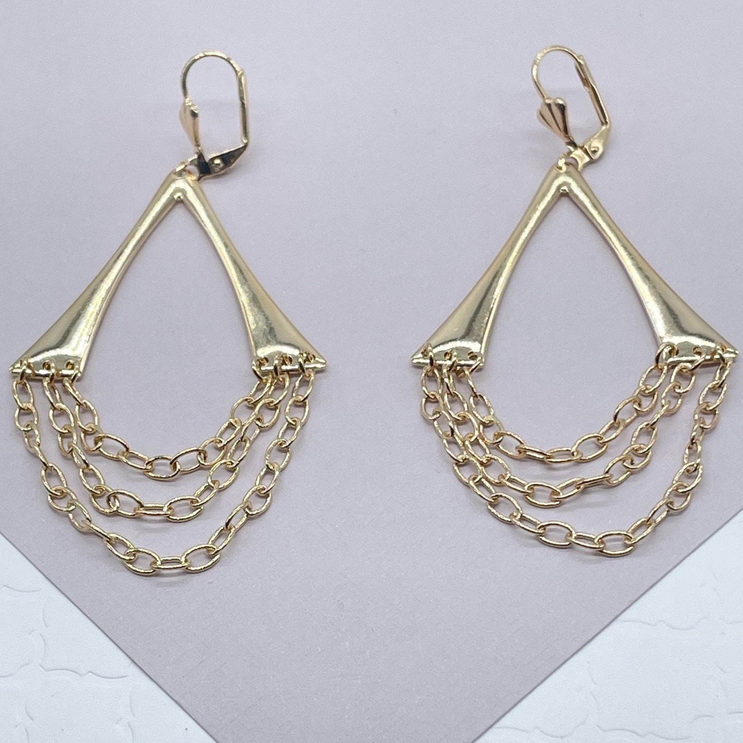 18k Gold Layered Triangle Wishbone Shape Dangling Earrings Featuring Connected