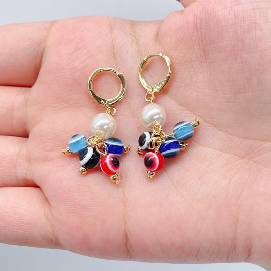 18k Gold Layered Pearl and Evil Eyes Dangling Earrings Featuring Red, Blue, Black