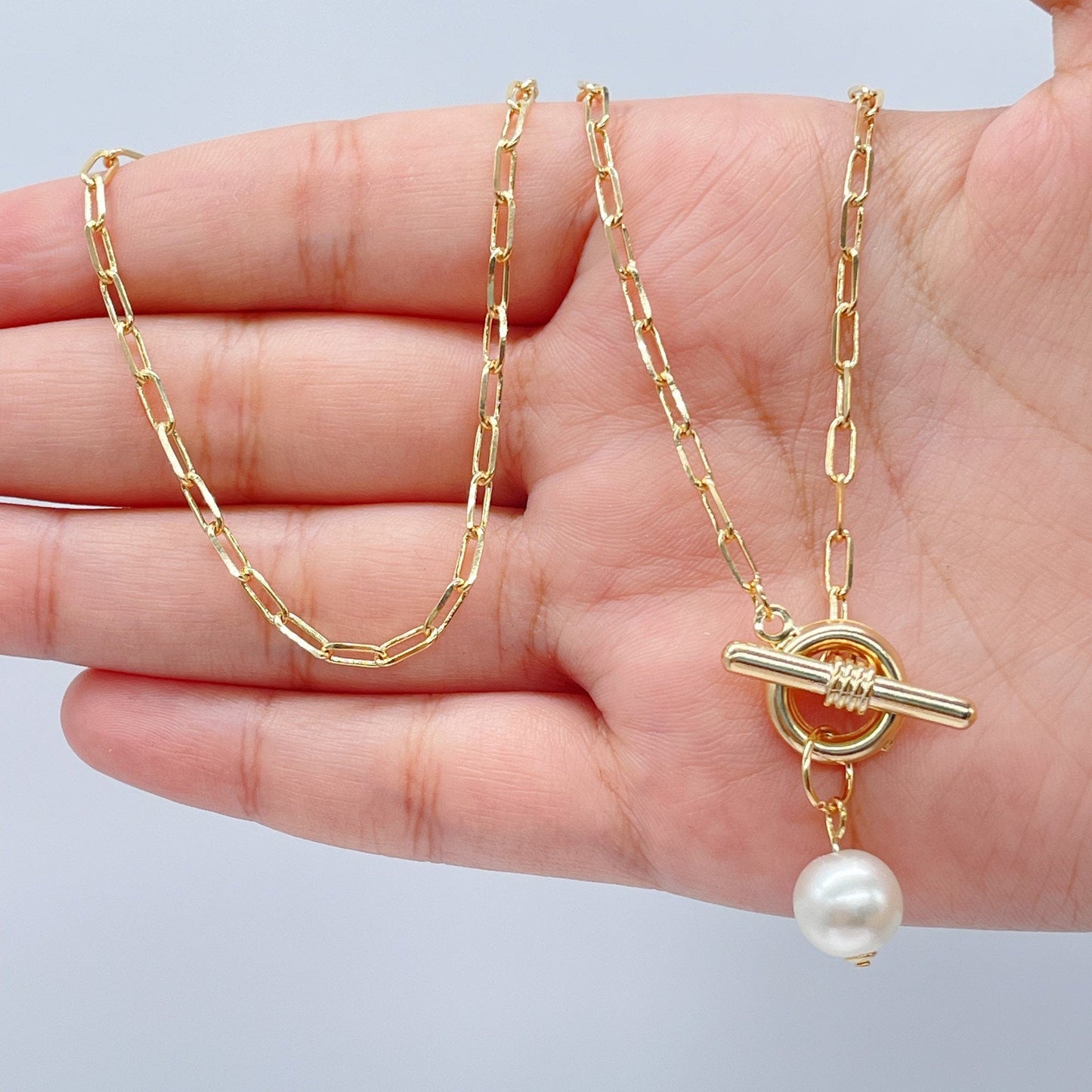 18k Gold Layered Thin Paper Clip Necklace Lariat Featuring Pearl Toggle Closing