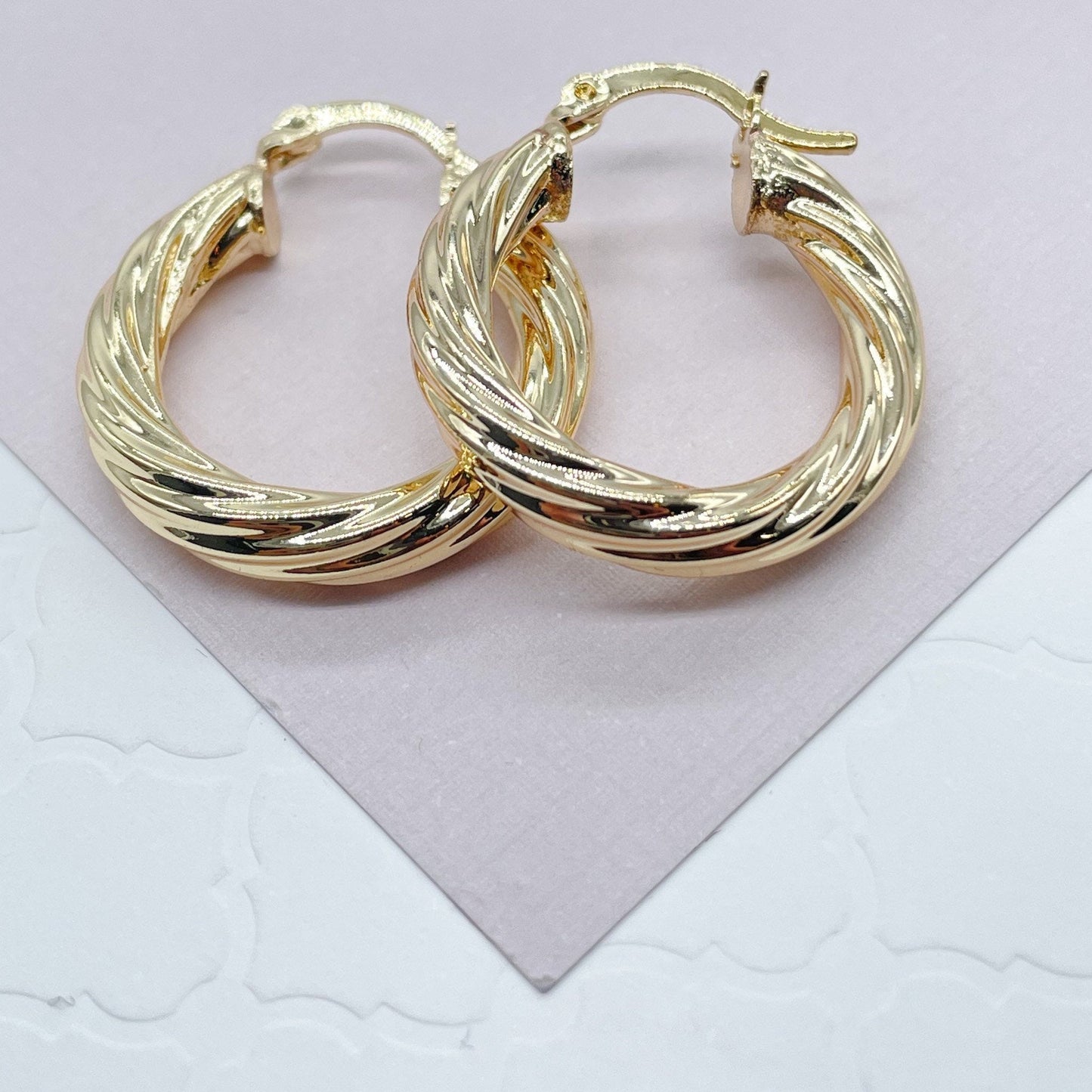 18k Gold Layered Hollow Italian Twist 5mm Thick Hoop Earrings, Gold Shiny Twisted