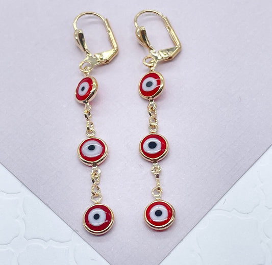 18k Gold Layered Red Evil Eye Dangling Earring, Greek Eye, Turkish Eye, Gold