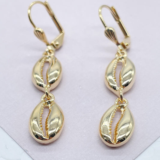 18k Gold Layered Solid Cowrie Shells Dangling Earrings