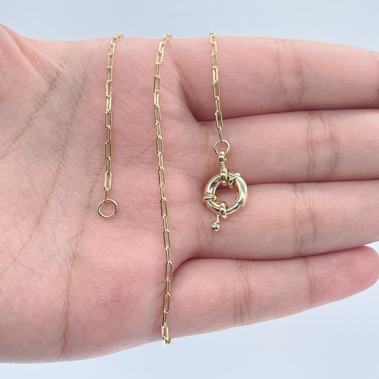 18k Gold Layered Dainty Paper Clip Chain Featuring Front Large Spring Clasp,